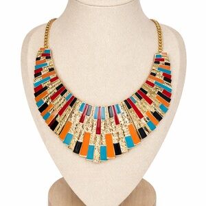 Gold Statement Bib Necklace Colorful Enamel Fan Collar Colorful Bold